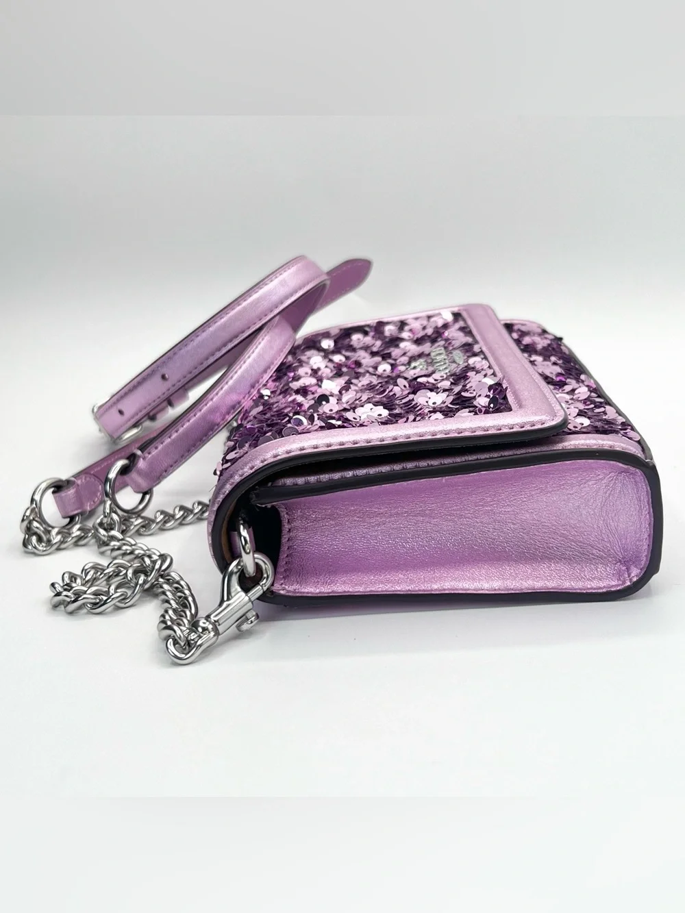 Coach Flap Clutch Crossbody Bag in Lilac Metallic Leather & Sequins